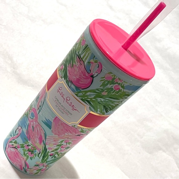 Lilly Pulitzer Flamingo Tumbler with Straw Blue/Pink Multi 24oz - Picture 10 of 13